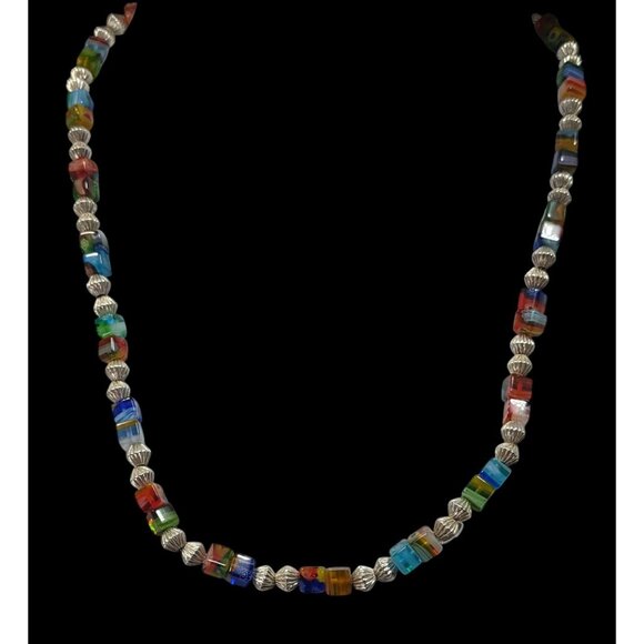 Millefiori Glass Cube And Silver Tone Beaded Necklace - Picture 3 of 6